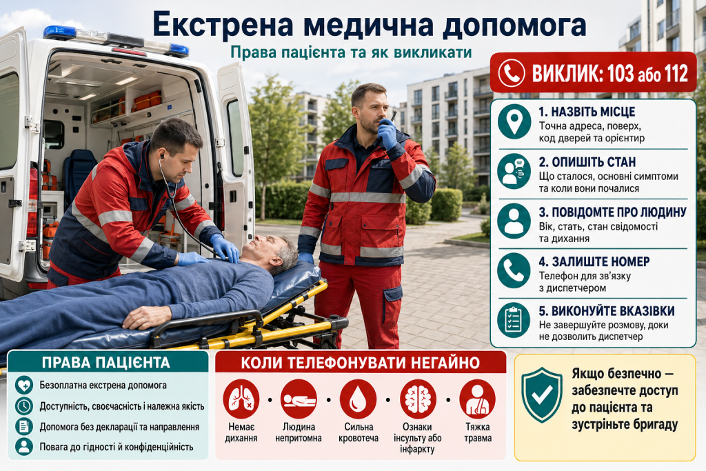 Інфографіка про екстрену медичну допомогу, номери 103 і 112, правила виклику швидкої та права пацієнта