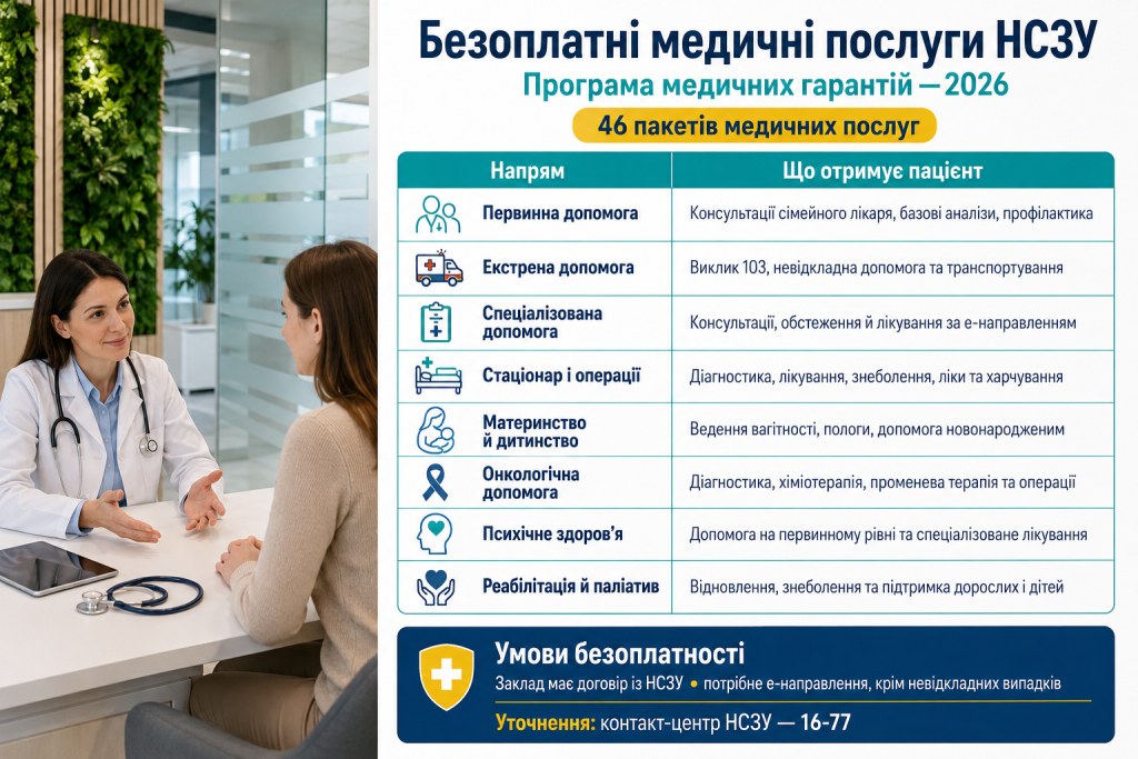 Інфографіка про безоплатні медичні послуги за Програмою медичних гарантій НСЗУ у 2026 році