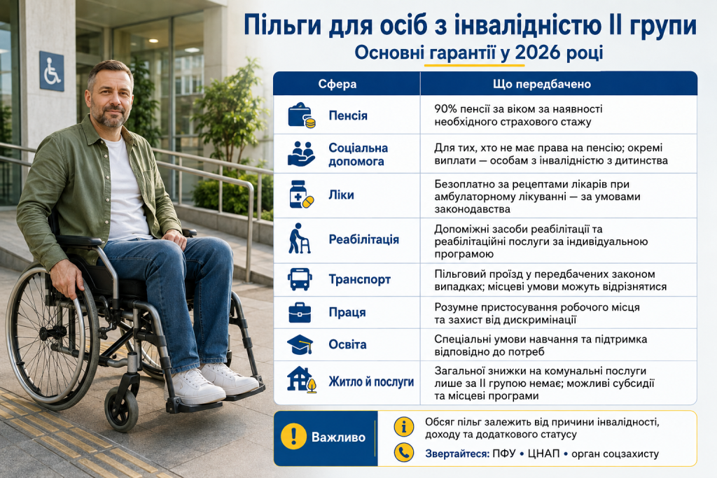 Інфографіка про основні пільги та соціальні гарантії для осіб з інвалідністю II групи в Україні