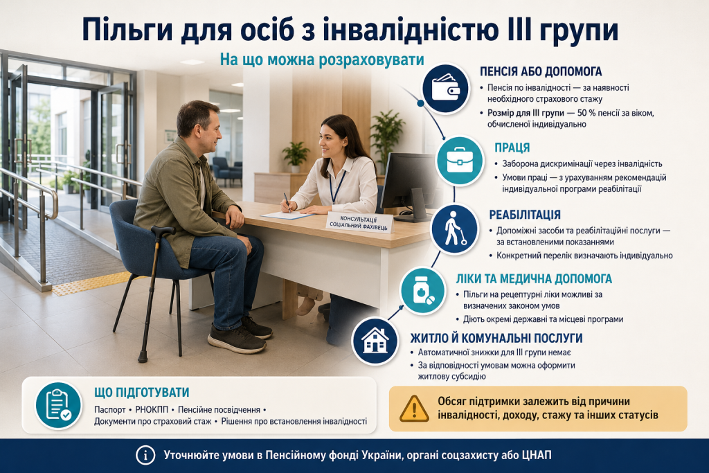 Інфографіка про пенсію, роботу, реабілітацію, медичну допомогу та житлові пільги для осіб з інвалідністю III групи