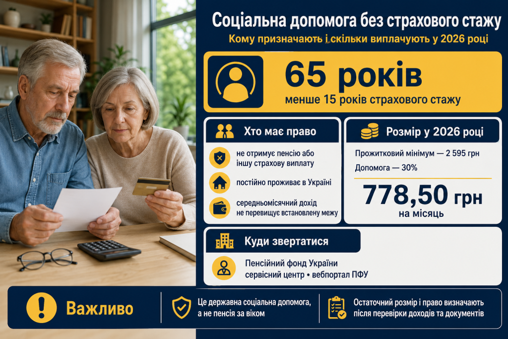 Інфографіка про соціальну допомогу людям без необхідного страхового стажу, умови призначення та розмір виплати у 2026 році