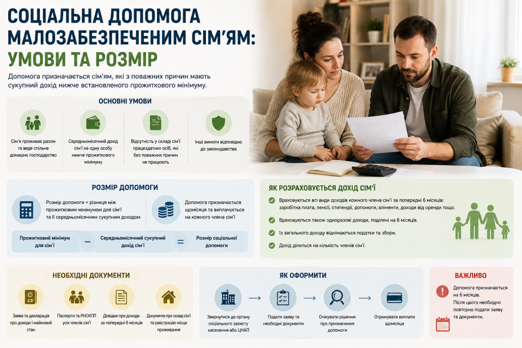 Інфографіка про соціальну допомогу малозабезпеченим сім’ям в Україні, умови призначення, розрахунок виплат і необхідні документи.
