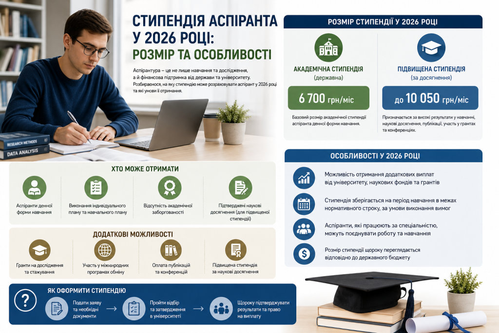 Інфографіка про стипендію аспіранта у 2026 році, розміри виплат, умови отримання, можливі надбавки та особливості навчання.