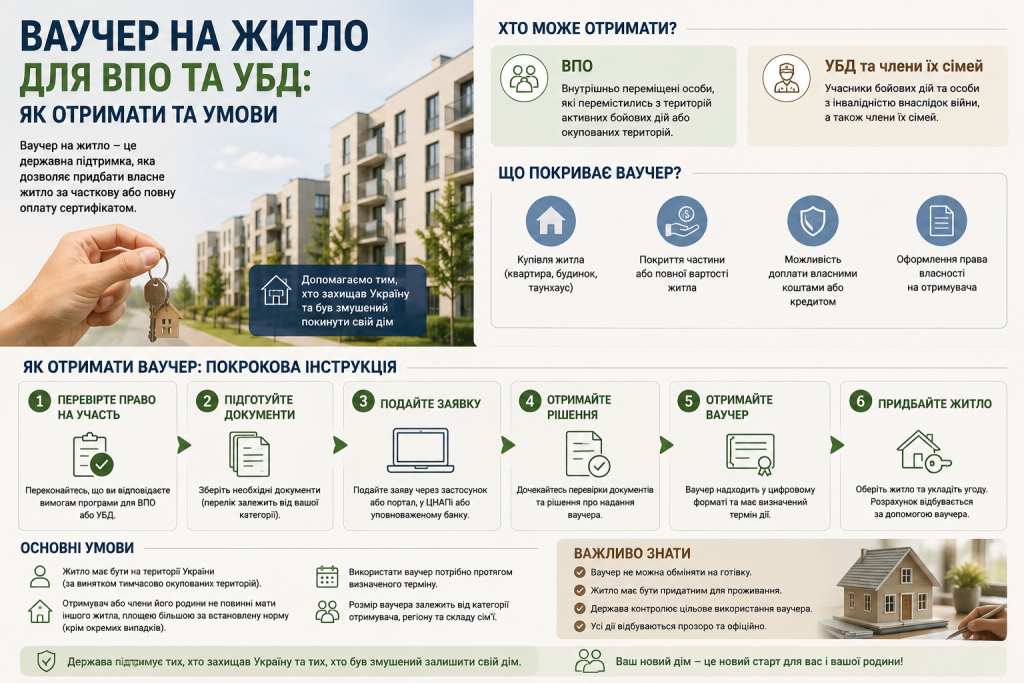 Інфографіка про житловий ваучер для внутрішньо переміщених осіб та учасників бойових дій, умови отримання і порядок оформлення.