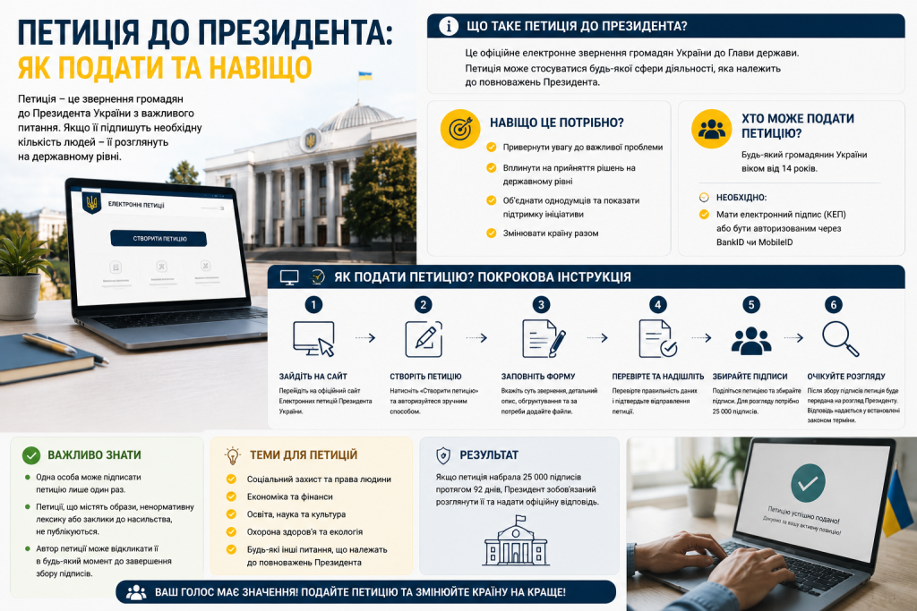 Інфографіка з покроковою інструкцією подання електронної петиції Президенту України, правилами, темами та умовами розгляду.