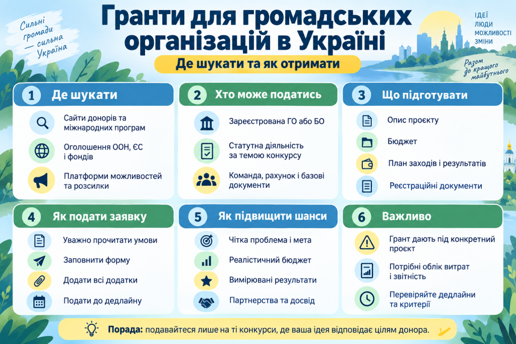 Інфографіка про гранти для громадських організацій в Україні, пошук конкурсів, підготовку документів і подання заявки.