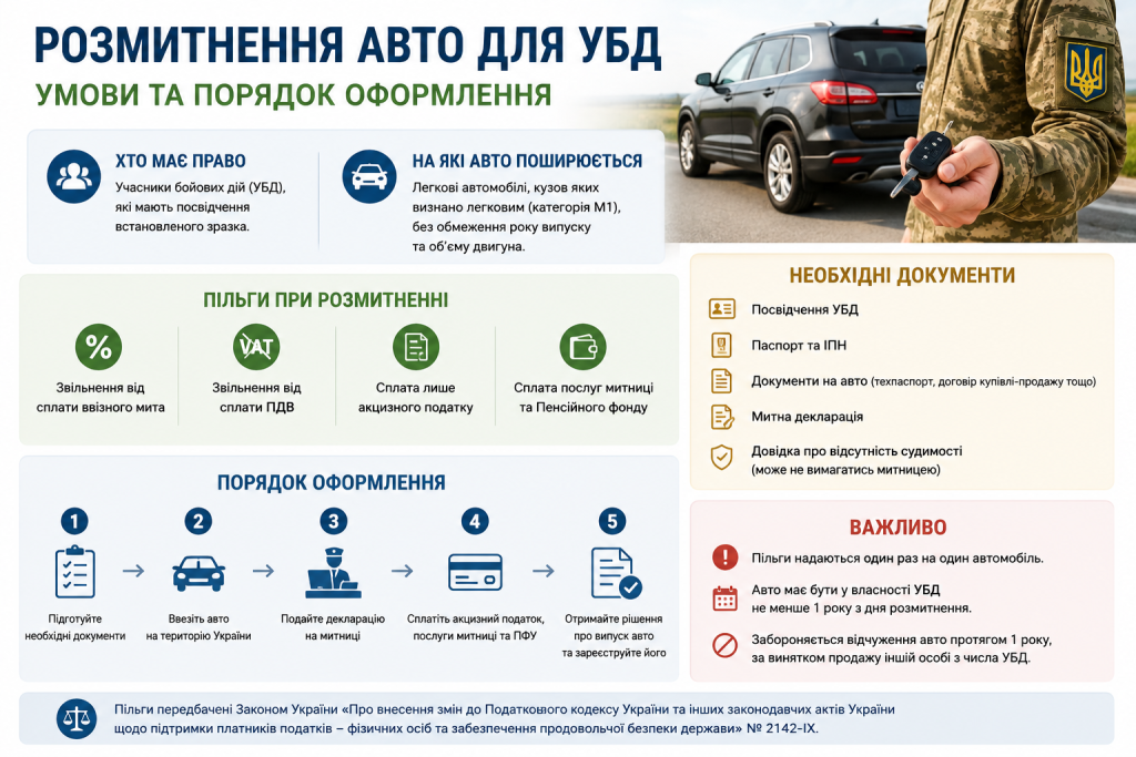 Інфографіка про розмитнення автомобіля для УБД, пільги, необхідні документи та порядок оформлення
