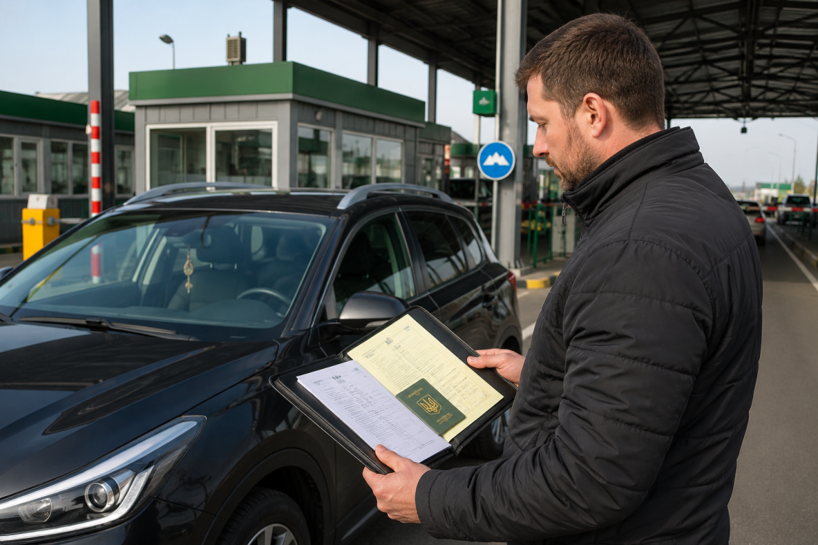 Чоловік перевіряє документи на автомобіль під час проходження митного оформлення та розмитнення